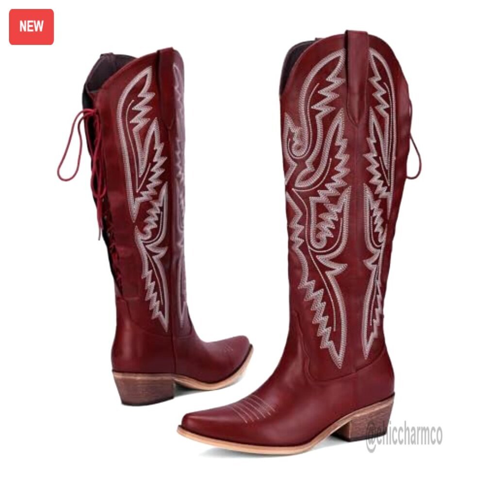 Lace Up Cowboy Boots Wide Calf Chunky Heel Pointed Toe Western Shoes - Picture 5 of 7